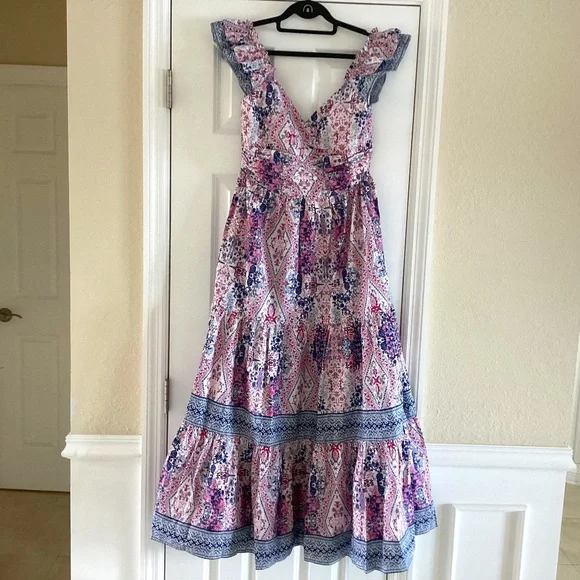 Caroline Constas Tiered Ruffled Cotton Frill Dress Pockets V-Neck Smocked Back - Picture 1 of 16